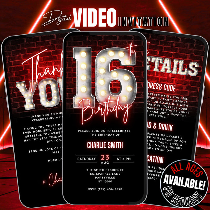 16th Birthday Video Invitation with Details and Thank You Card – Editable Canva Template
