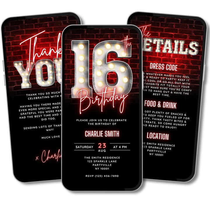 16th Birthday Video Invitation with Details and Thank You Card – Editable Canva Template