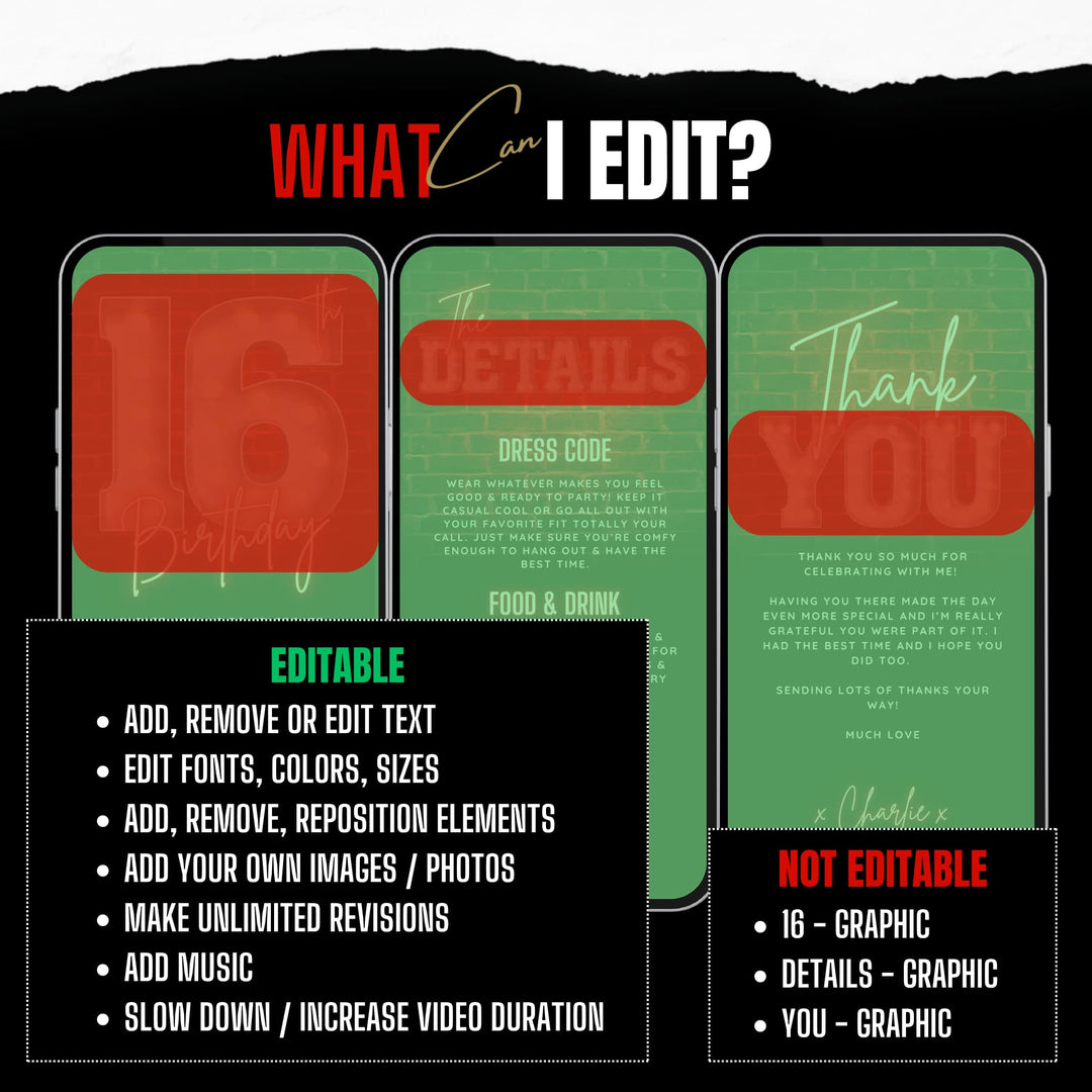 16th Birthday Video Invitation with Details and Thank You Card – Editable Canva Template