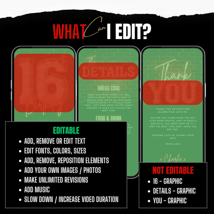 16th Birthday Video Invitation with Details and Thank You Card – Editable Canva Template