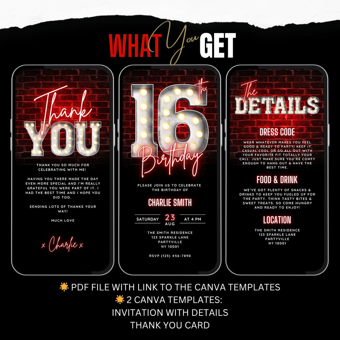 16th Birthday Video Invitation with Details and Thank You Card – Editable Canva Template