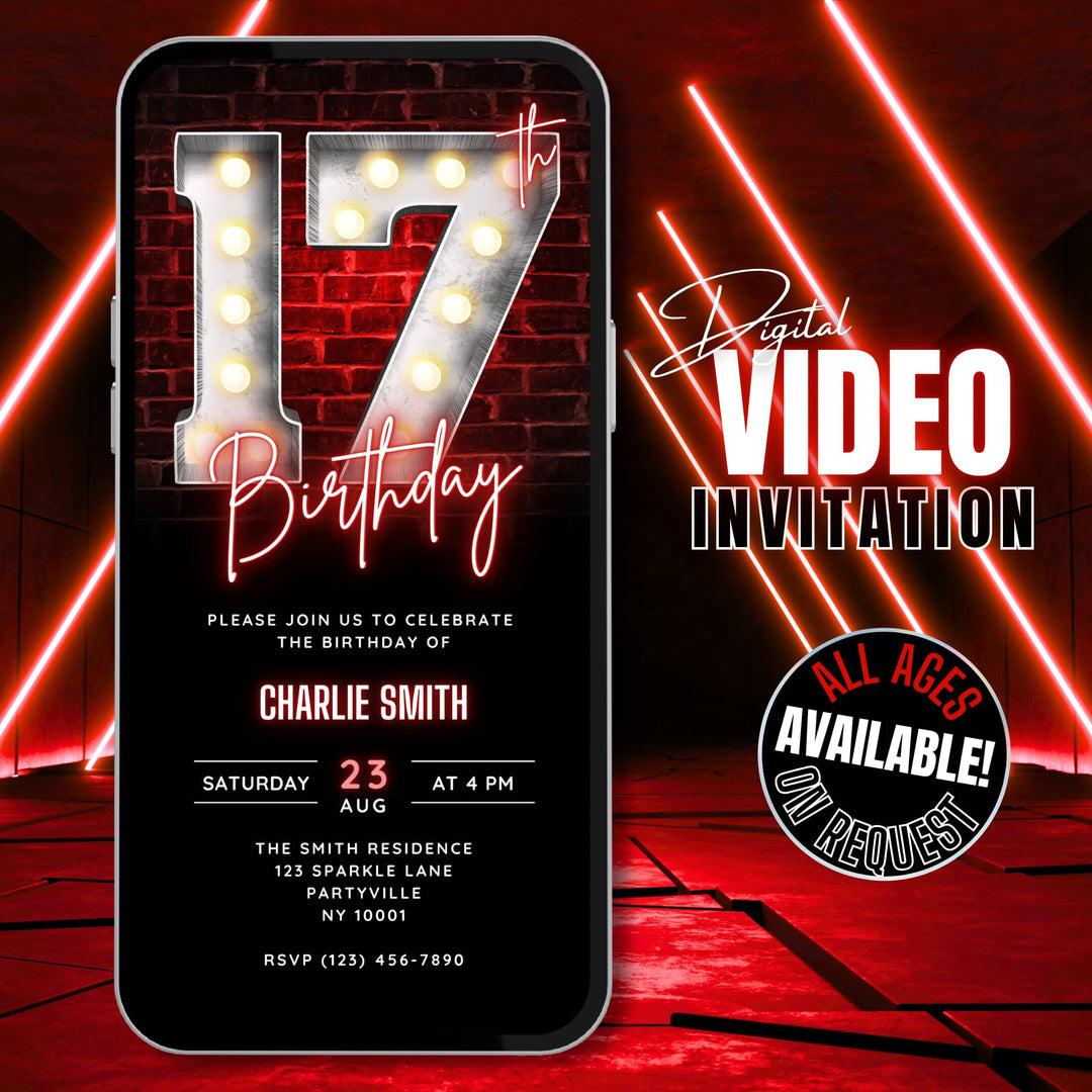 Neon Red 17th Birthday Invitation – Editable Canva Template