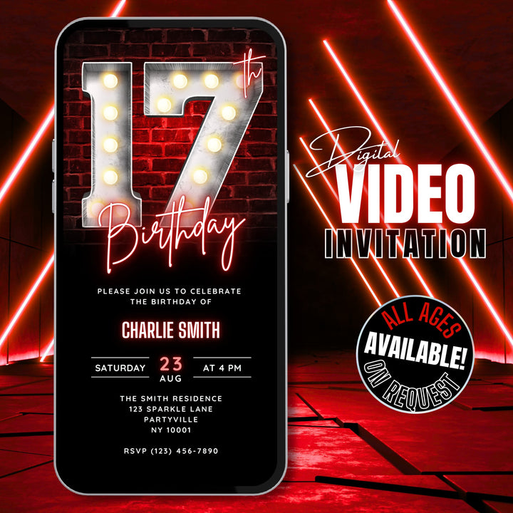 Neon Red 17th Birthday Invitation – Editable Canva Template