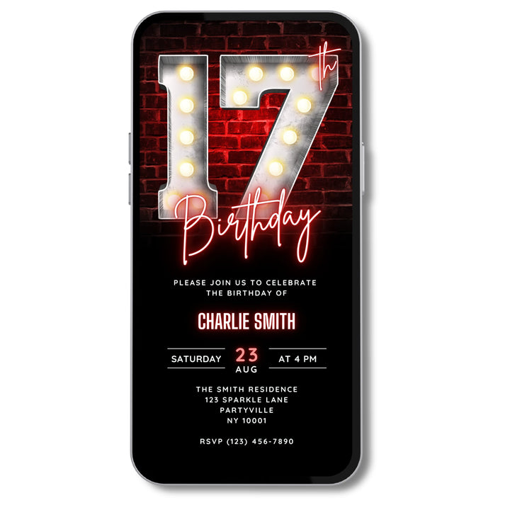 Neon Red 17th Birthday Invitation – Editable Canva Template