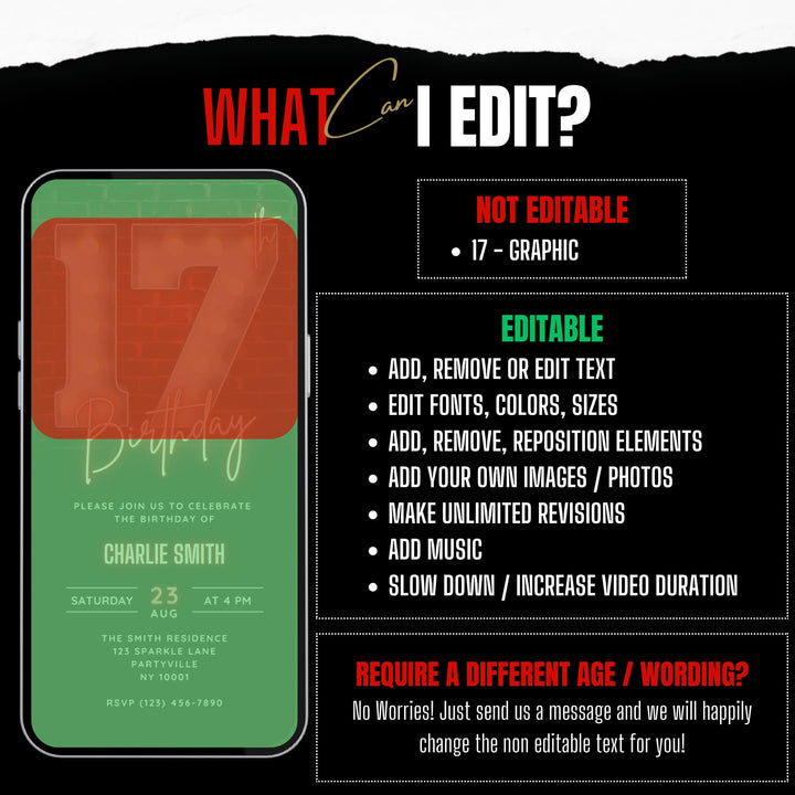 Neon Red 17th Birthday Invitation – Editable Canva Template