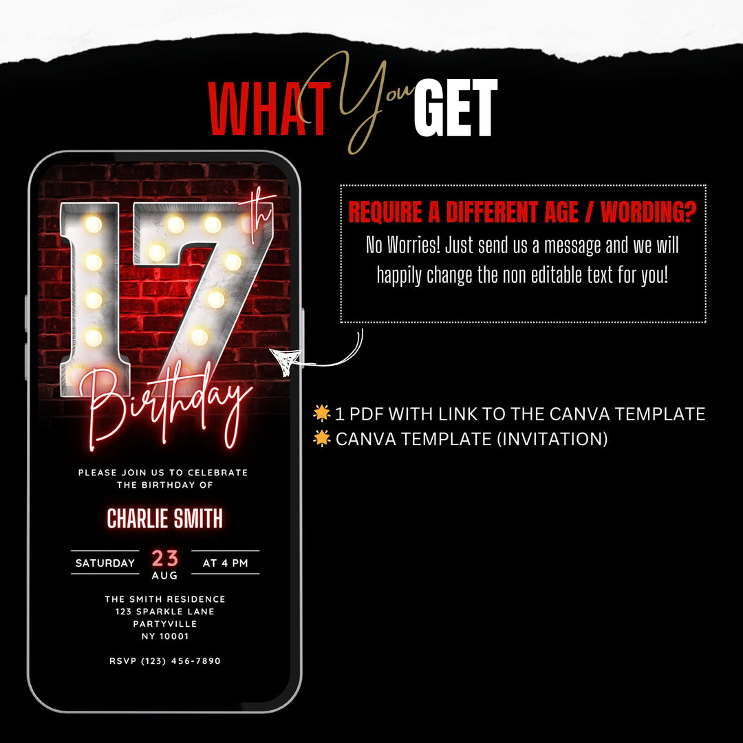 Neon Red 17th Birthday Invitation – Editable Canva Template
