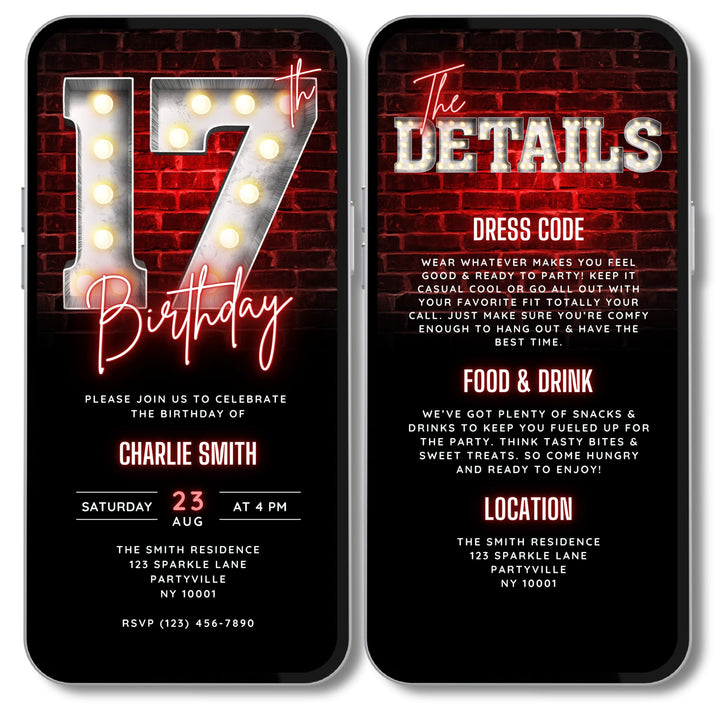Animated Red 17th Birthday Invitation with Details – Editable Digital Invite for Teenagers