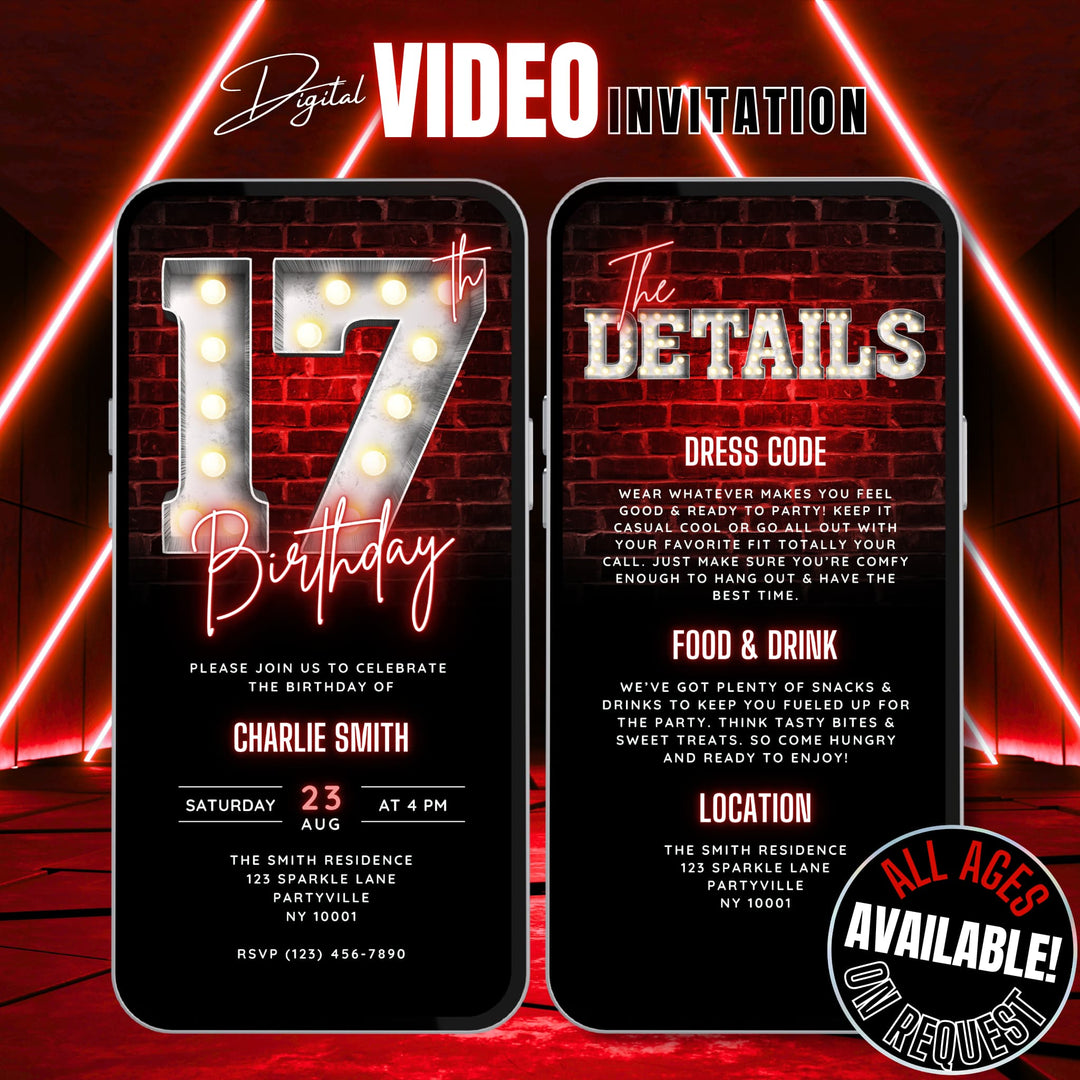 Animated Red 17th Birthday Invitation with Details – Editable Digital Invite for Teenagers