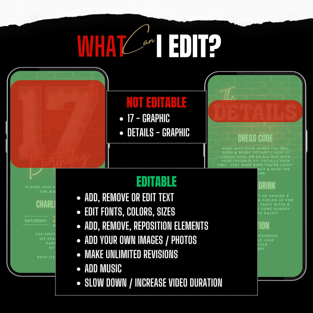 Animated Red 17th Birthday Invitation with Details – Editable Digital Invite for Teenagers