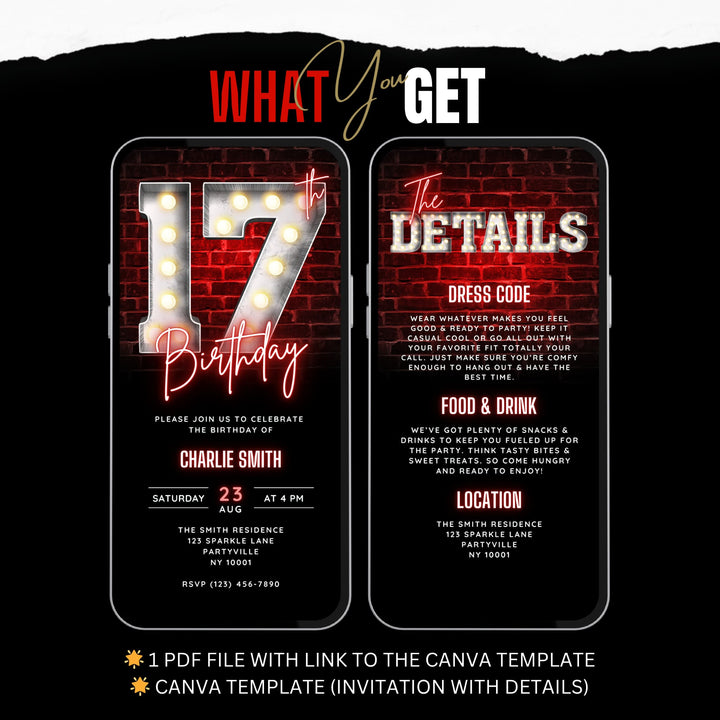 Animated Red 17th Birthday Invitation with Details – Editable Digital Invite for Teenagers