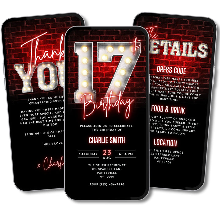 17th Birthday Video Invitation with Details and Thank You Card – Editable Canva Template
