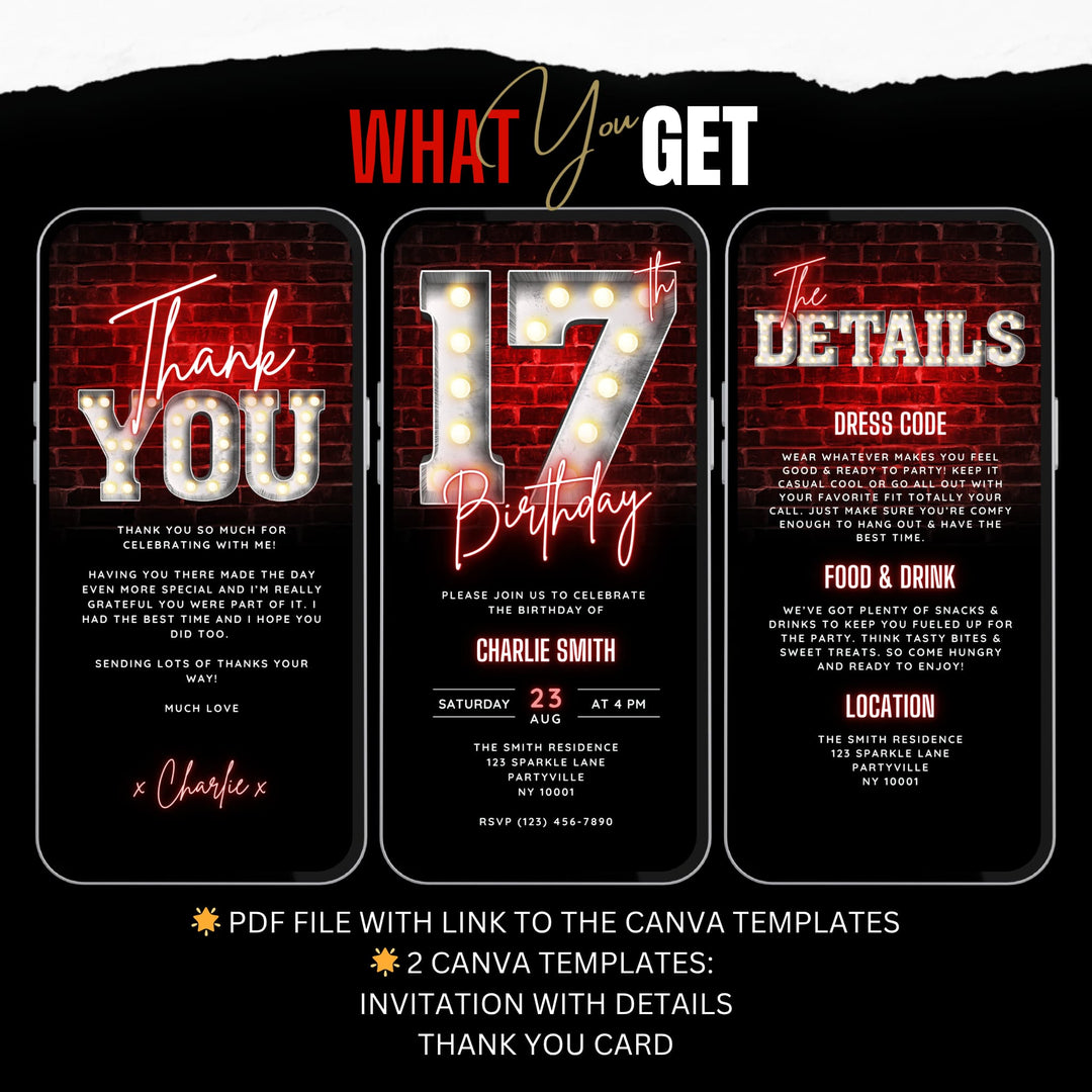 17th Birthday Video Invitation with Details and Thank You Card – Editable Canva Template