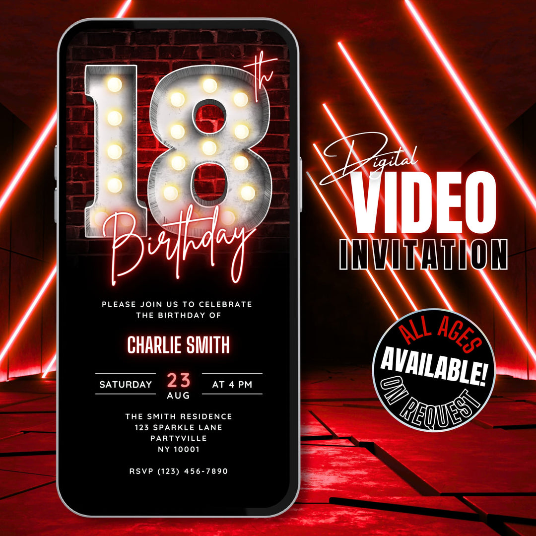 Neon Red 18th Birthday Invitation – Editable Canva Template