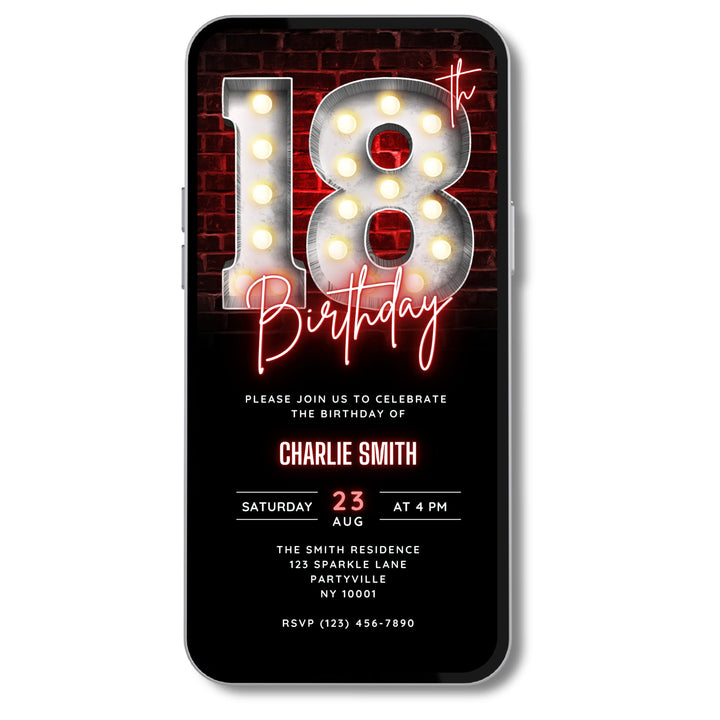 Neon Red 18th Birthday Invitation – Editable Canva Template