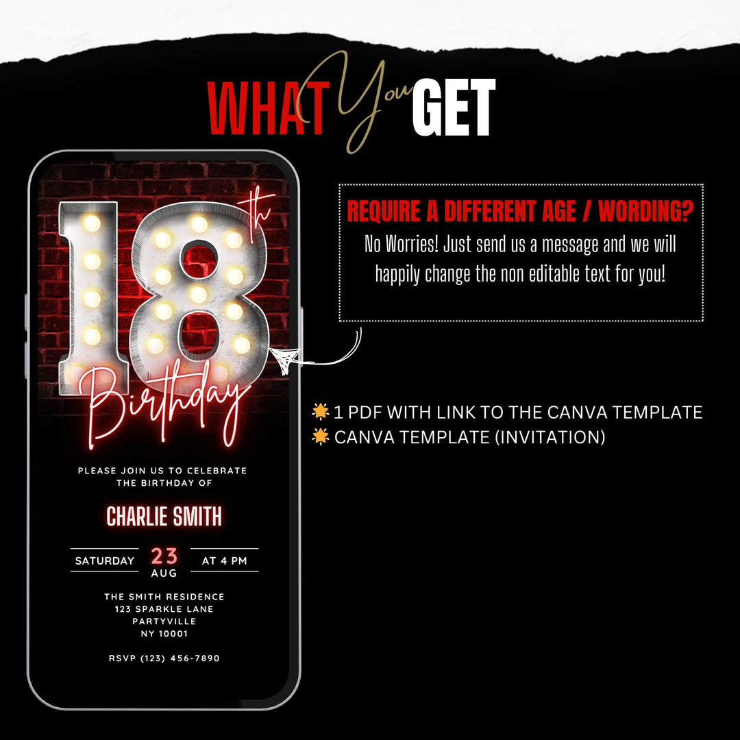 Neon Red 18th Birthday Invitation – Editable Canva Template