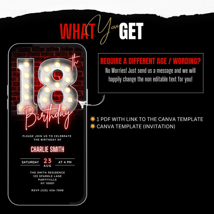 Neon Red 18th Birthday Invitation – Editable Canva Template