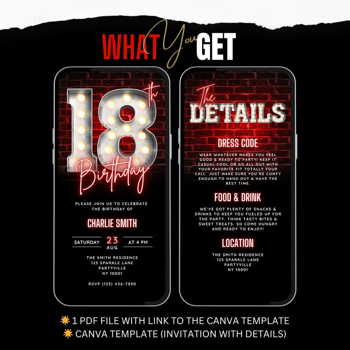 Animated Red 18th Birthday Invitation with Details – Editable Digital Video Invite