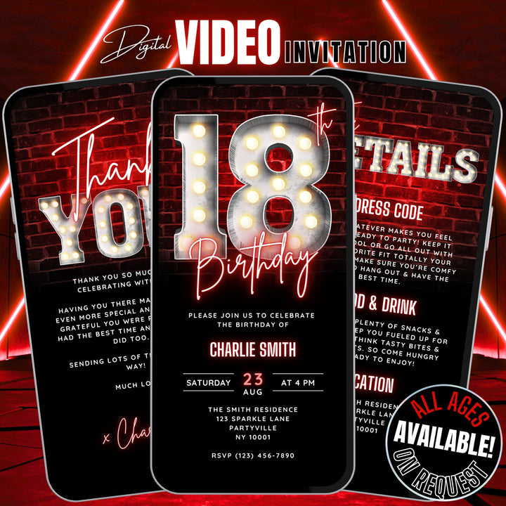 18th Birthday Video Invitation with Details and Thank You Card – Editable Canva Template