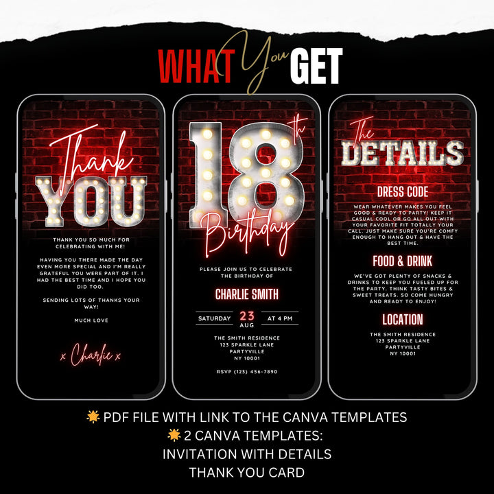 18th Birthday Video Invitation with Details and Thank You Card – Editable Canva Template