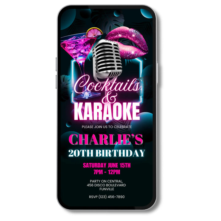 Adults Karaoke Party Invitation - Neon Cocktails & Karaoke Invite Canva Template