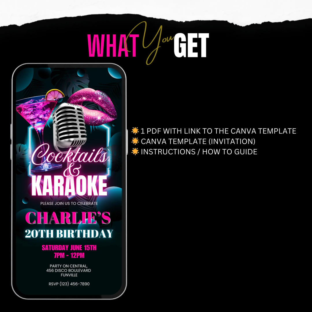 Adults Karaoke Party Invitation - Neon Cocktails & Karaoke Invite Canva Template