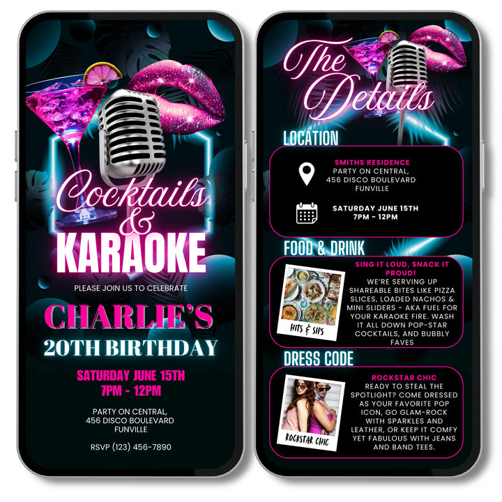 Adults Karaoke Party Invite with Details - Pink & Blue Neon Cocktails & Karaoke Invitation Canva Template