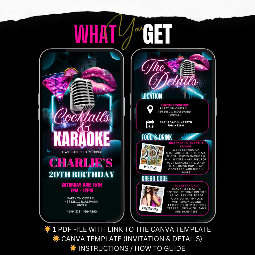 Adults Karaoke Party Invite with Details - Pink & Blue Neon Cocktails & Karaoke Invitation Canva Template