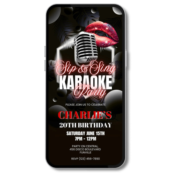Karaoke Party Invitation for Adults - Red & Black Neon Sip and Sing Karaoke Invite Canva Template