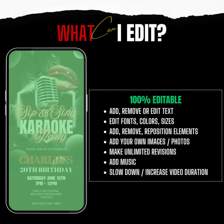 Karaoke Party Invitation for Adults - Red & Black Neon Sip and Sing Karaoke Invite Canva Template