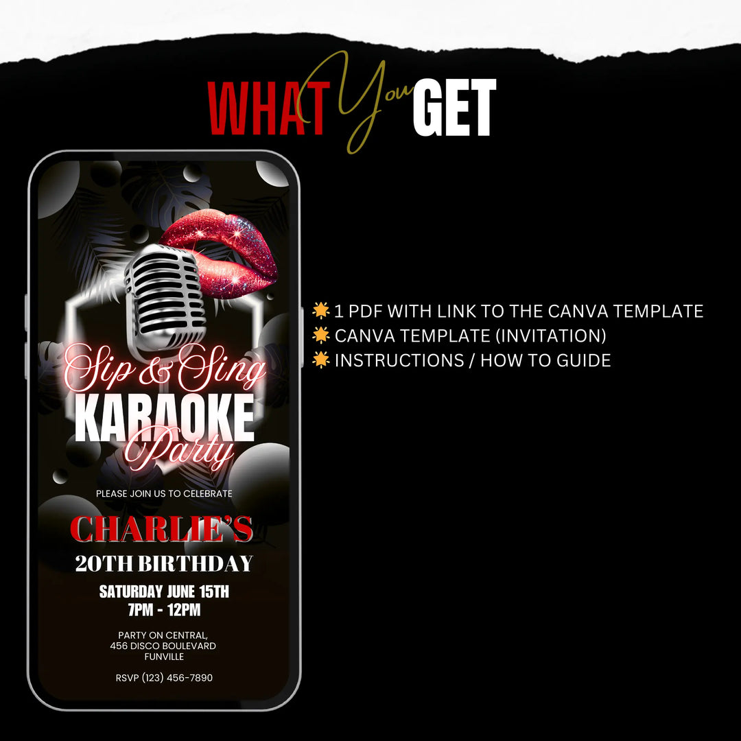 Karaoke Party Invitation for Adults - Red & Black Neon Sip and Sing Karaoke Invite Canva Template