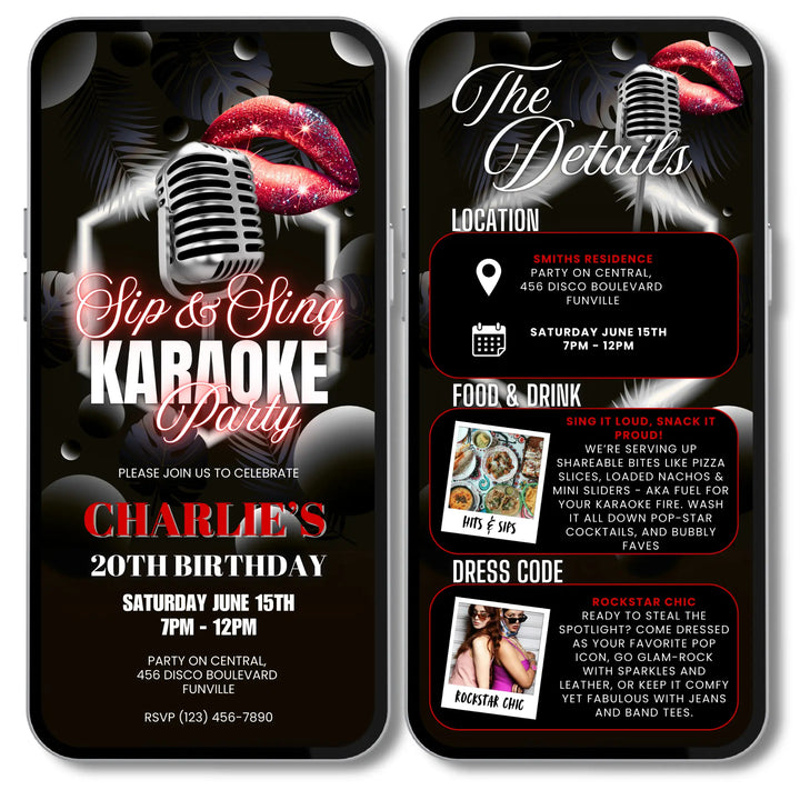 Karaoke Party Invitation with Details - Red & Black Neon Sip and Sing Adult Karaoke Invite Canva Template
