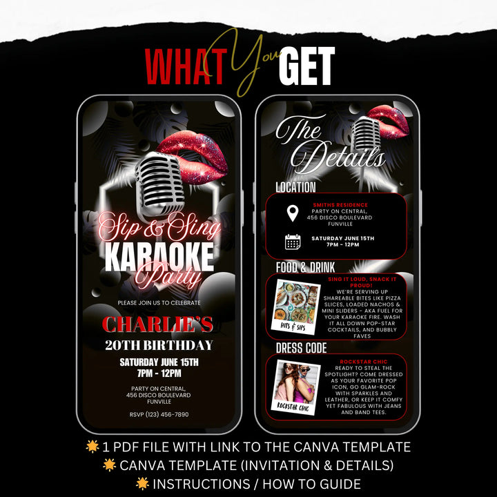 Karaoke Party Invitation with Details - Red & Black Neon Sip and Sing Adult Karaoke Invite Canva Template