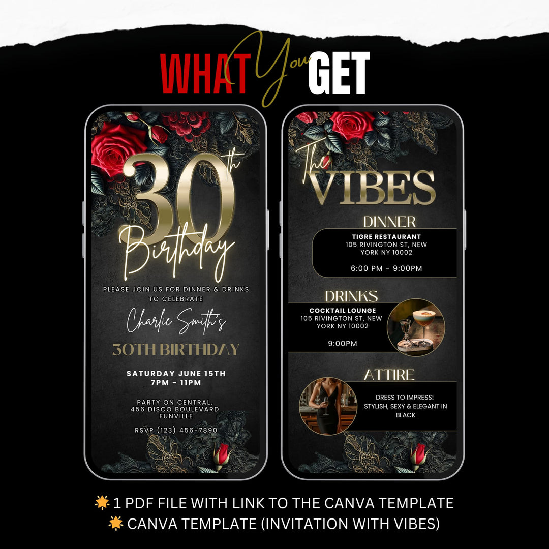 30th Birthday Invitation with Details | Leather and Lace Party Invite | Digital Invitation Template