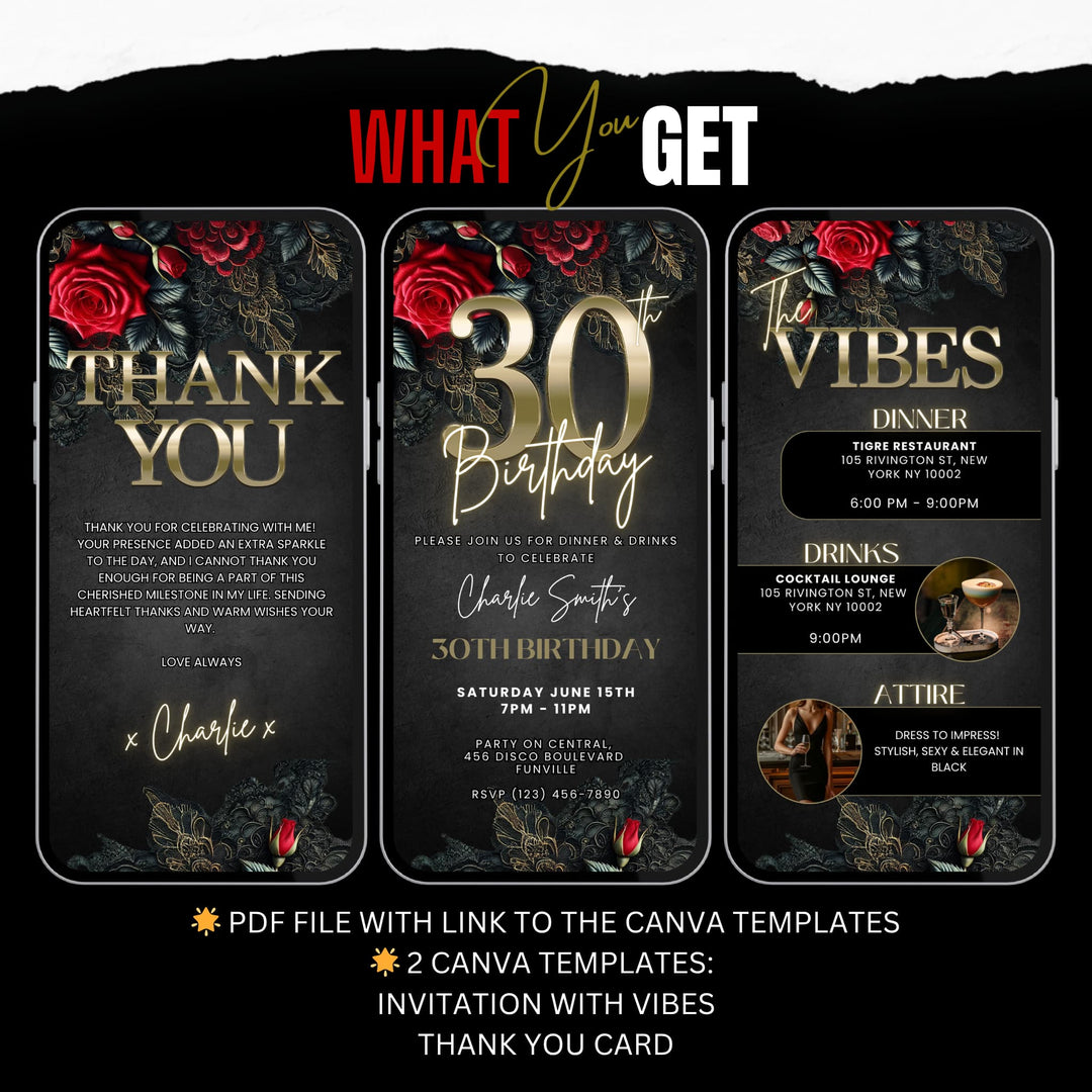 30th Birthday Invitation with Details and Thank You Card | Leather and Lace Party Invite | Digital Invitation Template