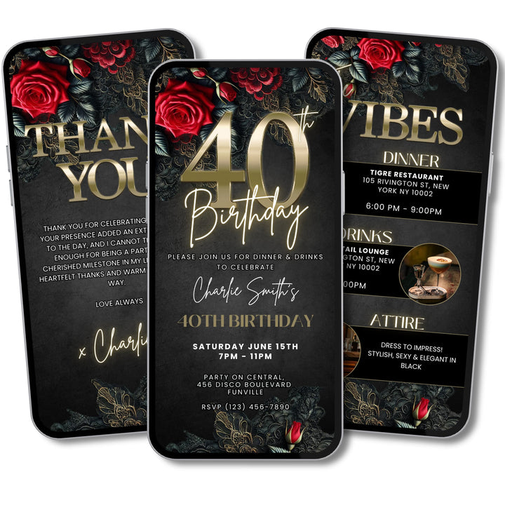 40th Birthday Invitation with Details and Thank You Card | Leather and Lace Party Invite | Digital Invitation Template