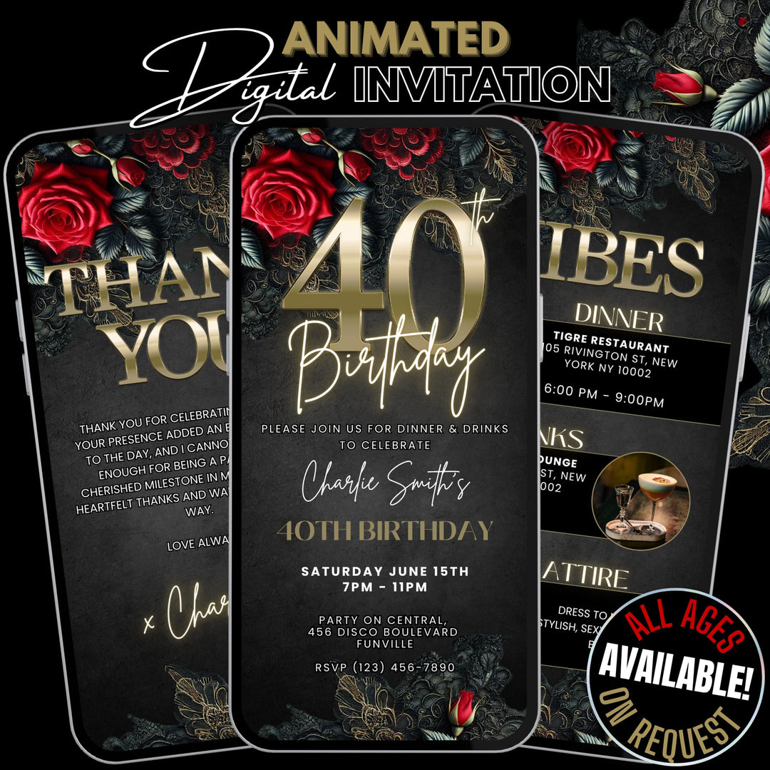 40th Birthday Invitation with Details and Thank You Card | Leather and Lace Party Invite | Digital Invitation Template