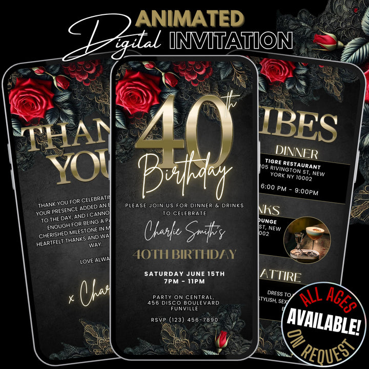 40th Birthday Invitation with Details and Thank You Card | Leather and Lace Party Invite | Digital Invitation Template
