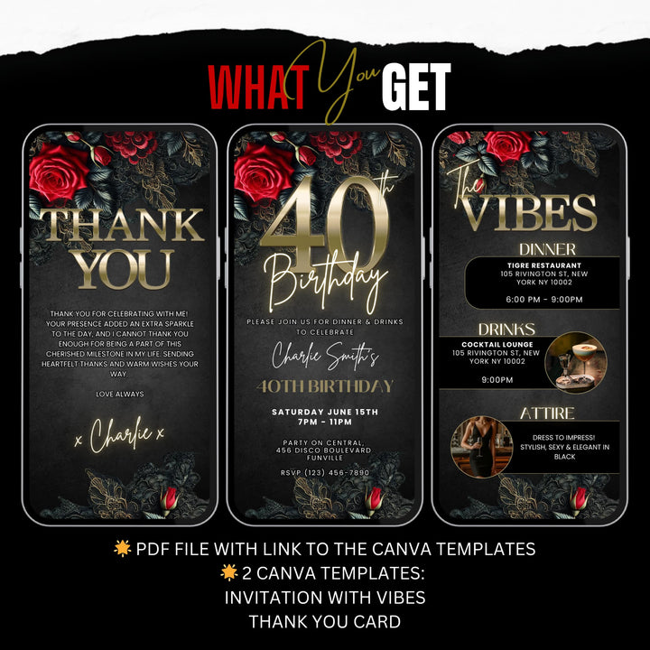 40th Birthday Invitation with Details and Thank You Card | Leather and Lace Party Invite | Digital Invitation Template