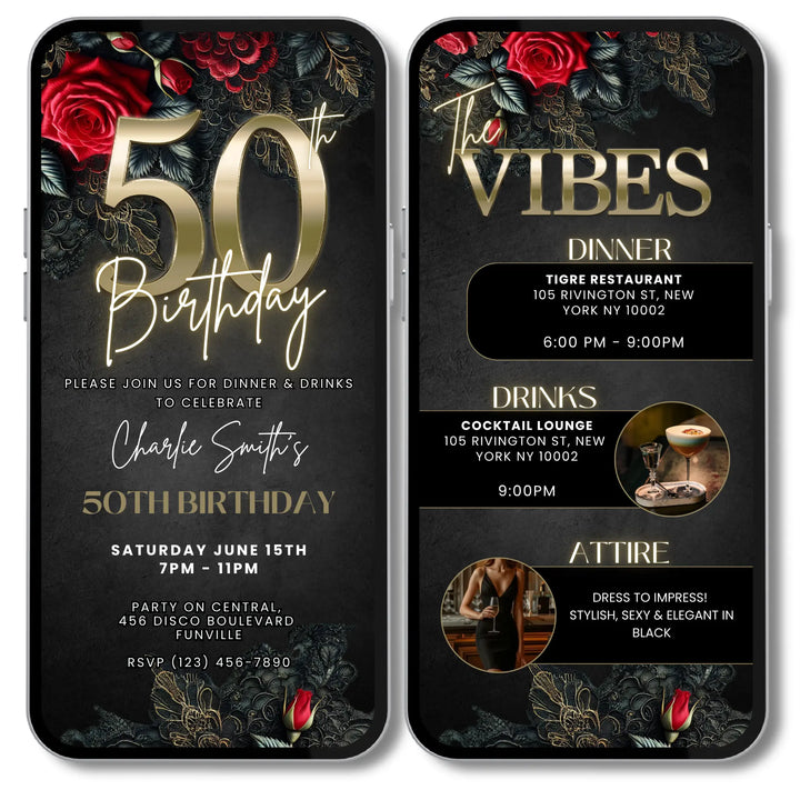 50th Birthday Invitation with Details | Elegant Floral and Lace Birthday Dinner Invite | Digital Invitation Template