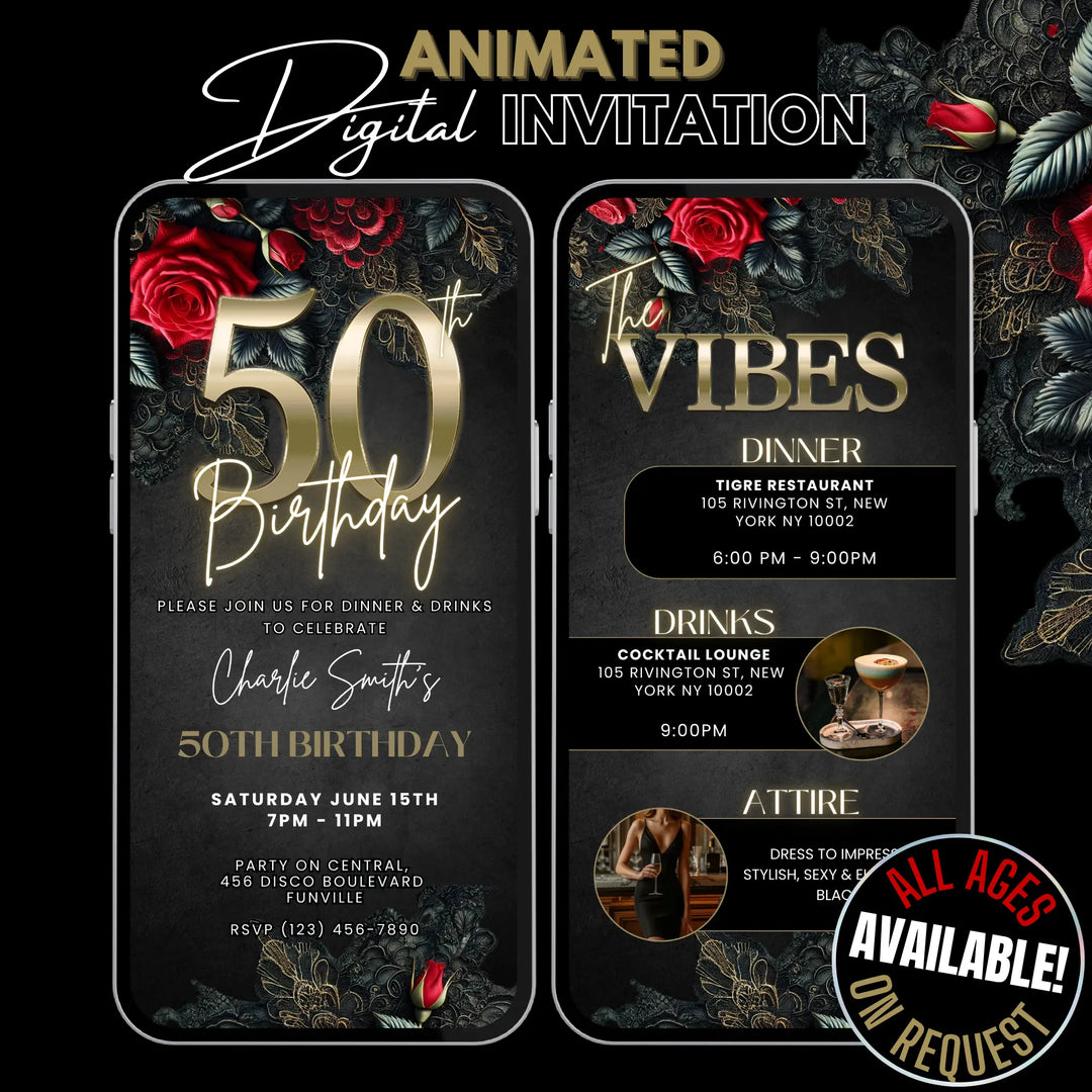 50th Birthday Invitation with Details | Elegant Floral and Lace Birthday Dinner Invite | Digital Invitation Template