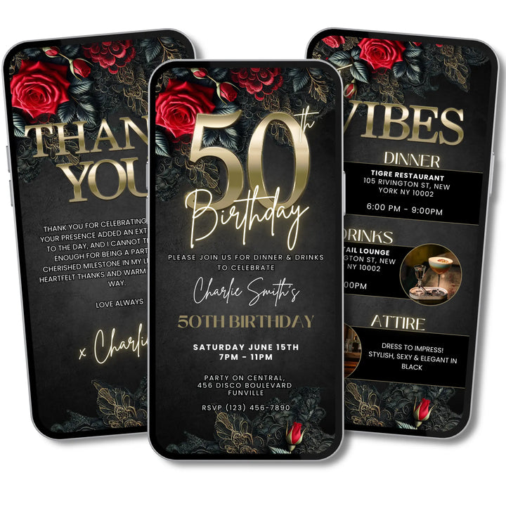 50th Birthday Invitation with Details and Thank You Card | Red & Black Dinner Party Invite | Digital Invitation Template