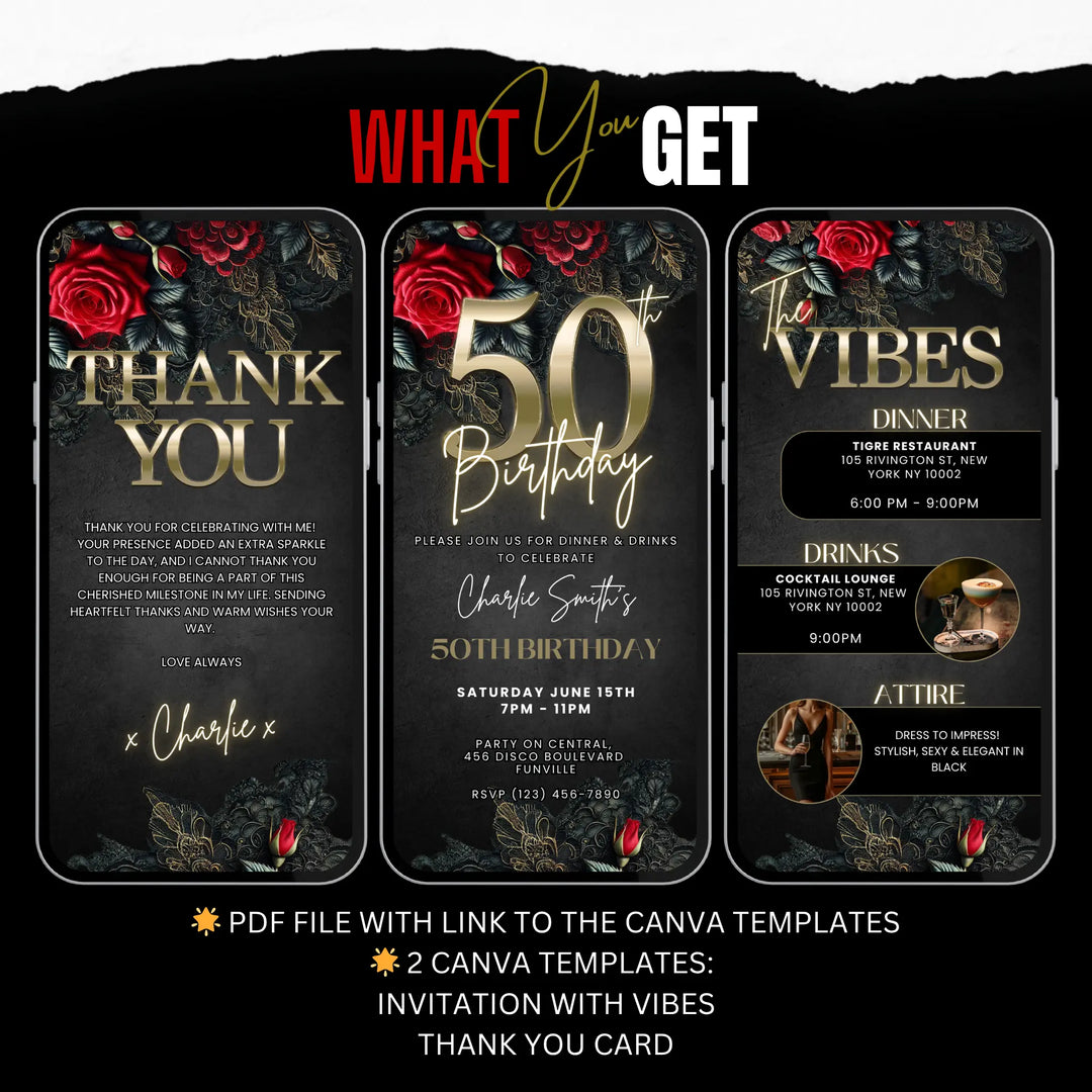 50th Birthday Invitation with Details and Thank You Card | Red & Black Dinner Party Invite | Digital Invitation Template