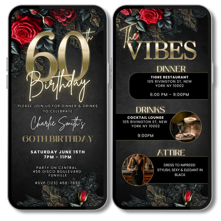 60th Birthday Invitation with Details | Elegant Floral and Lace Birthday Dinner Invite | Digital Invitation Template