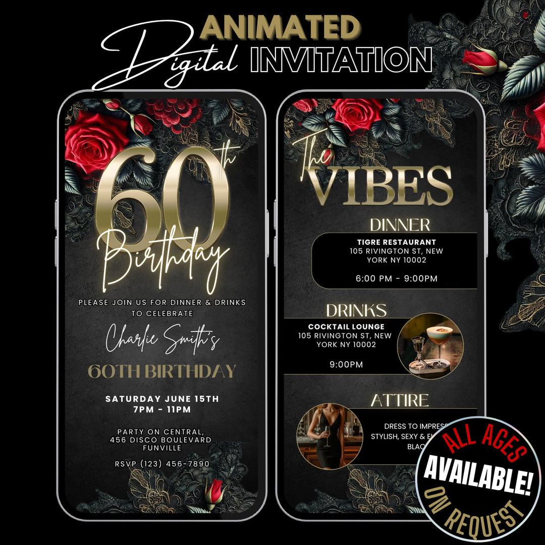 60th Birthday Invitation with Details | Elegant Floral and Lace Birthday Dinner Invite | Digital Invitation Template