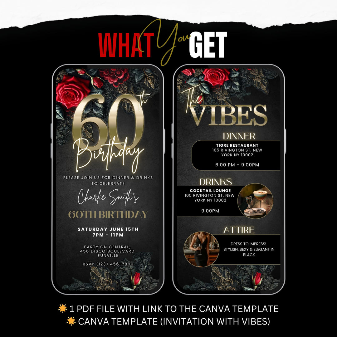60th Birthday Invitation with Details | Elegant Floral and Lace Birthday Dinner Invite | Digital Invitation Template
