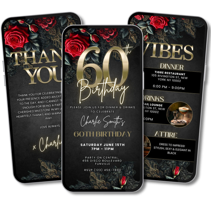60th Birthday Invitation with Details and Thank You Card | Red & Black Dinner Party Invite | Digital Invitation Template