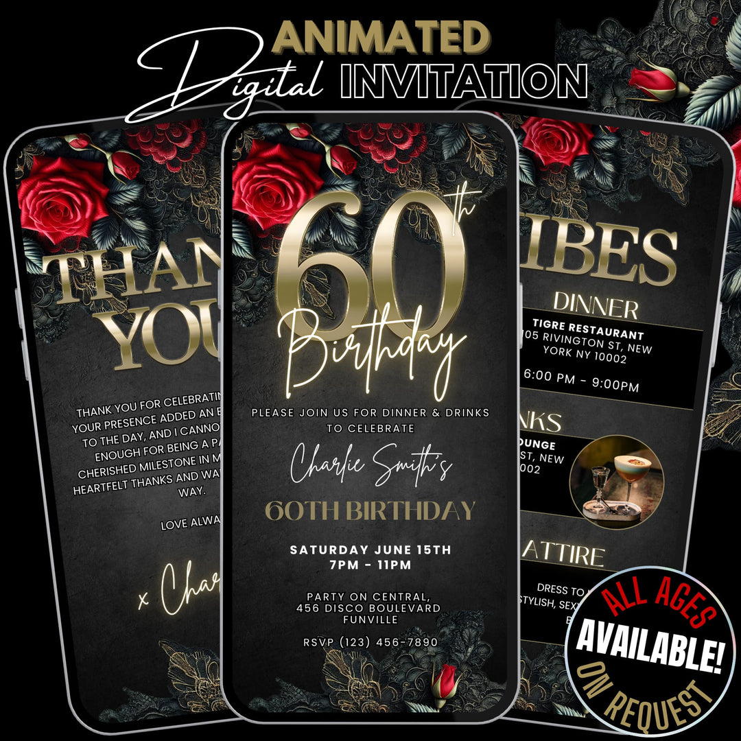 60th Birthday Invitation with Details and Thank You Card | Red & Black Dinner Party Invite | Digital Invitation Template