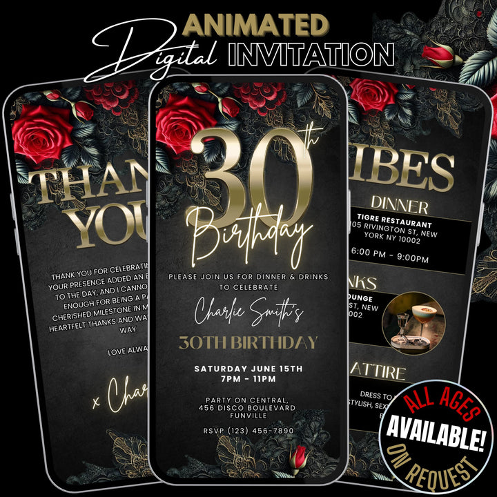 30th Birthday Invitation with Details and Thank You Card | Leather and Lace Party Invite | Digital Invitation Template