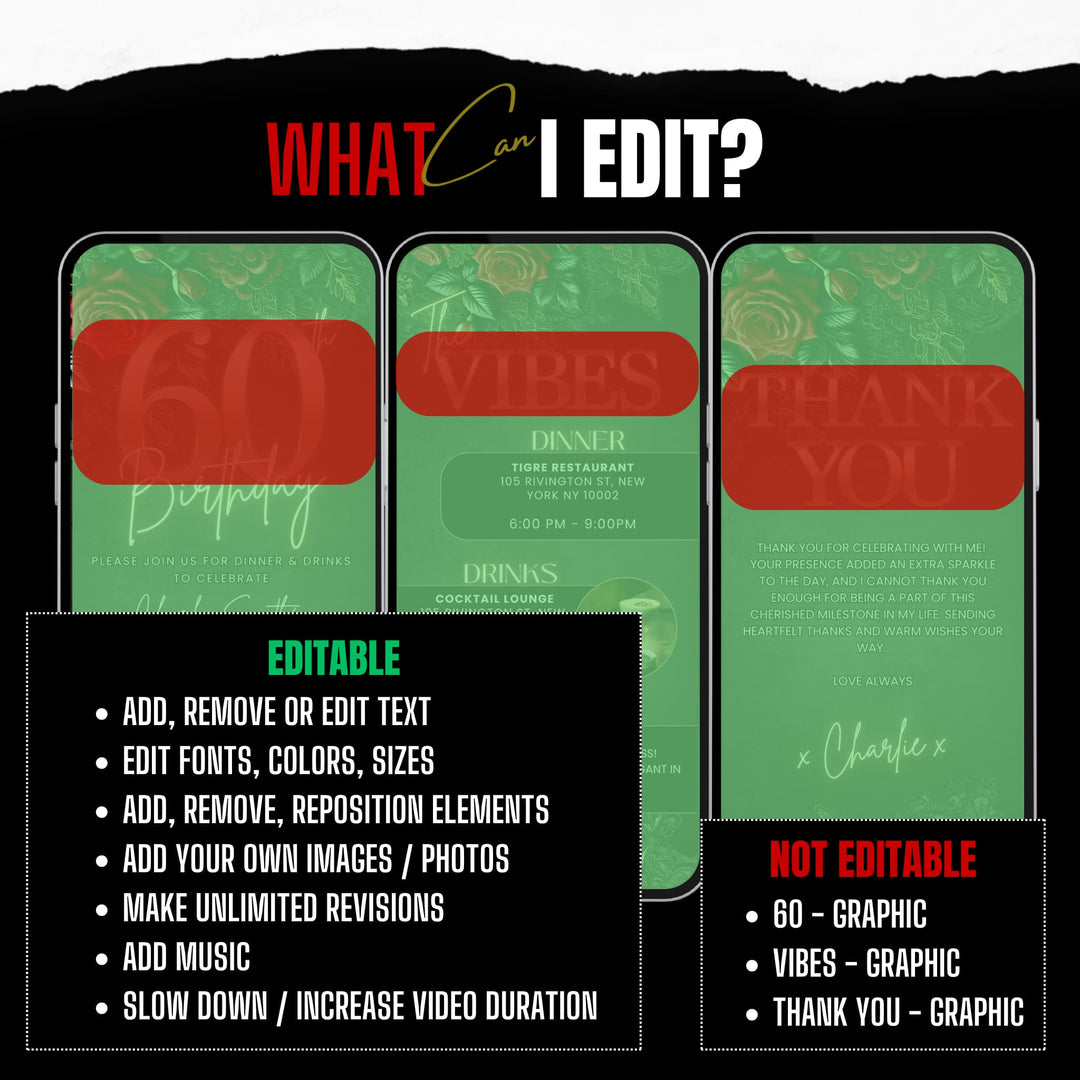 60th Birthday Invitation with Details and Thank You Card | Red & Black Dinner Party Invite | Digital Invitation Template