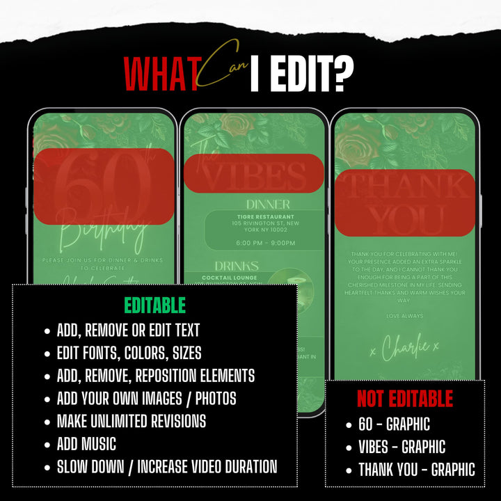 60th Birthday Invitation with Details and Thank You Card | Red & Black Dinner Party Invite | Digital Invitation Template